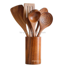 Teak Wood Cooking Spoon Set Kitchen Accessories Wooden Utensil Set With Holder